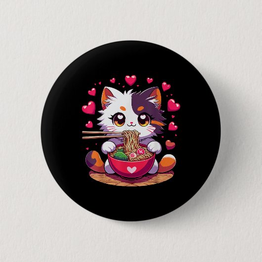 Anime Cat essen Ramen Noodles mit Herz Valenti Button (Vorderseite)