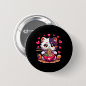 Anime Cat essen Ramen Noodles mit Herz Valenti Button (Vorne & Hinten)
