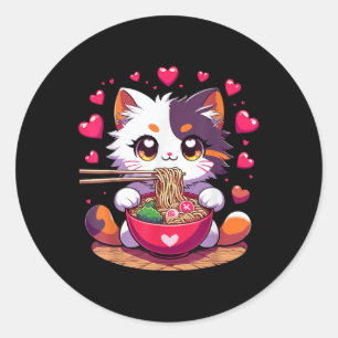 Anime Cat essen Ramen Noodles mit Herz Valenti Runder Aufkleber
