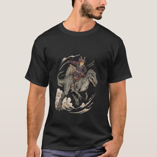 Anime Cat Funny Samurai Cat Riding Dinosaur Spinos T-Shirt (Vorderseite)