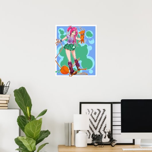 Anime Cat Girl & Cat mit Garnball Poster (Heimbüro)