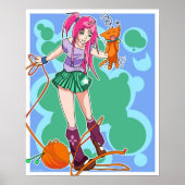 Anime Cat Girl & Cat mit Garnball Poster (Vorne)