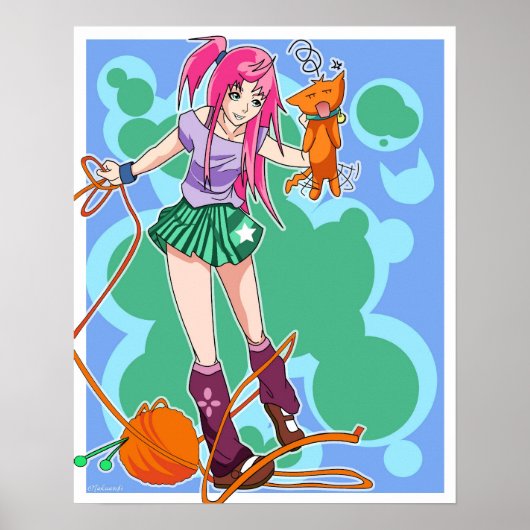 Anime Cat Girl & Cat mit Garnball Poster (Vorne)