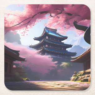 Anime Cherry Blossom & Tranquil Pagoda Landschaft Rechteckiger Pappuntersetzer