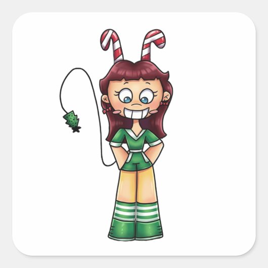 Anime Chibi Candy Cane Mädchen Weihnachtsfigur Quadratischer Aufkleber (Vorderseite)