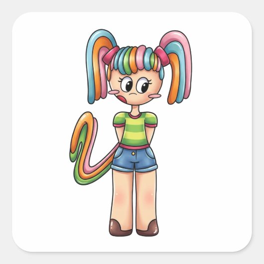 Anime Chibi Regenbogen Candy Mädchen Buntes Haar Quadratischer Aufkleber (Vorderseite)