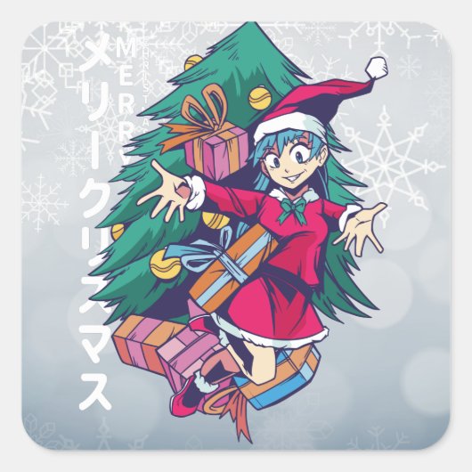 Anime Christmas Sweater - Happy Girl mit Weihnacht Quadratischer Aufkleber (Vorderseite)