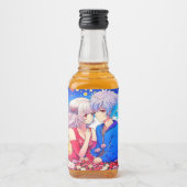 Anime Couple Liebe Blume und Herz Alkoholflaschenetikett (Vorderseite)