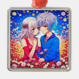 Anime Couple Liebe Blume und Herz Ornament Aus Metall
