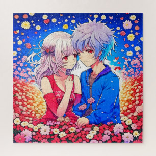 Anime Couple Liebe Blume und Herz Puzzle