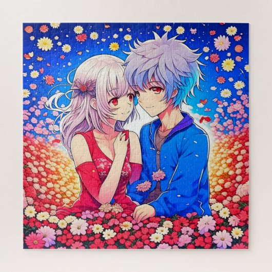 Anime Couple Liebe Blume und Herz Puzzle (Vertikal)