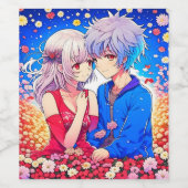Anime Couple Liebe Blume und Herz Weinetikett (Einzelnes Label)