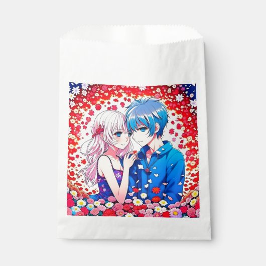 Anime Couple Red and Blue Floral Wedding Geschenktütchen (Vorderseite)