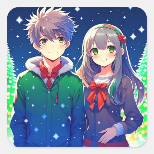 Anime Couple Romantische Weihnachten Quadratischer Aufkleber (Vorderseite)