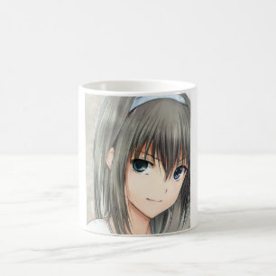 Anime dunkelhaarige Girl graue Augen Kaffee Tasse