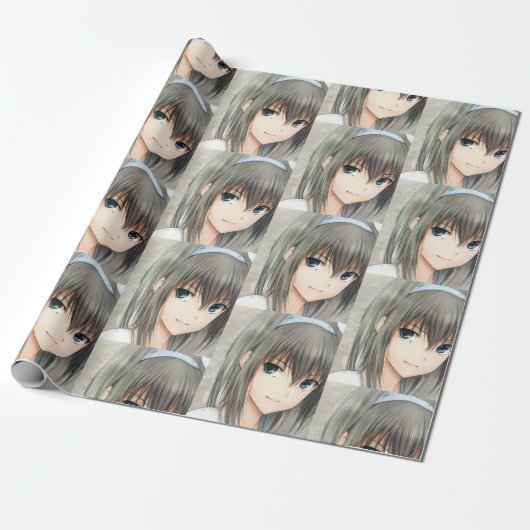 Anime dunkelhaarige graue Augen Geschenkpapier (Ungerollt)