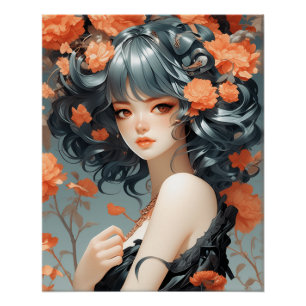 Anime-Eleganz: Vintage LBD Fantasy AI-Kunst Poster