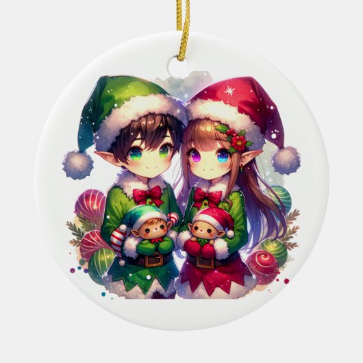 Anime Elves und Schneeflocken Personalisierte Weih Keramik Ornament (Vorne)