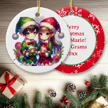 Anime Elves und Schneeflocken Personalisierte Weih Keramik Ornament<br><div class="desc">Anime-Kinder in Weihnachtsmannmützen,  die Spielzeug zum Thema personalisierte Weihnachtsschmuck halten.</div>