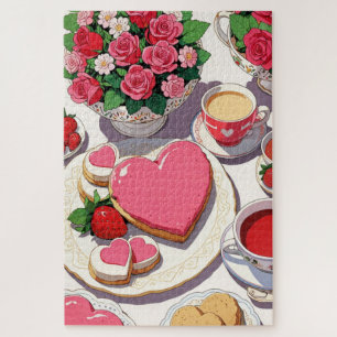 Anime-Erdbeere und herzförmige Dessertkunst Puzzle