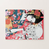 Anime Floral Geisha Pink White Jigsaw Puzzle (Horizontal)