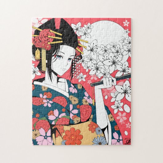 Anime Floral Geisha Pink White Jigsaw Puzzle (Vertikal)