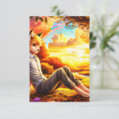Anime Fox Männliche im Grünen bei Sonnenuntergang Dankeskarte (Stehend Vorderseite)