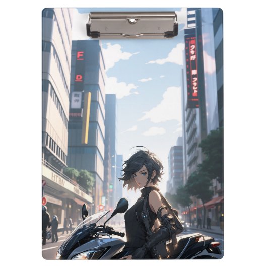 Anime-Frau mit dem Fahrrad in der Innenstadt Klemmbrett (Vorderseite)