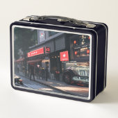 Anime-Frau mit dem Fahrrad in der Innenstadt Metall Brotdose (Rückseite)