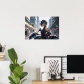 Anime-Frau mit dem Fahrrad in der Innenstadt Poster (Heimbüro)