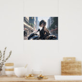 Anime-Frau mit dem Fahrrad in der Innenstadt Poster (Küche)
