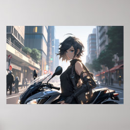 Anime-Frau mit dem Fahrrad in der Innenstadt Poster
