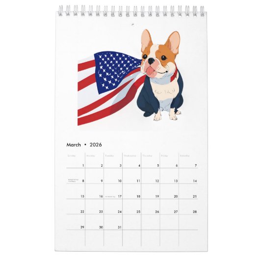Anime French Bulldog mit US-Flagge Kalender (Mär 2026)