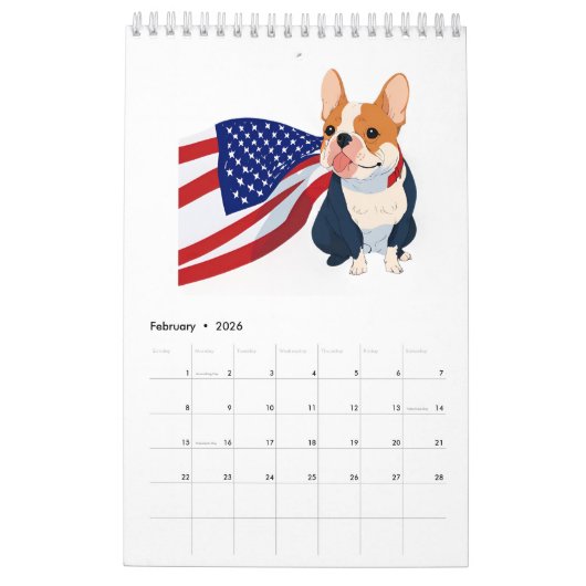 Anime French Bulldog mit US-Flagge Kalender (Feb 2026)