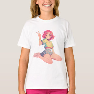 Anime-Friedenszeichen – Süße Anime-Girl-Kinder mit T-Shirt