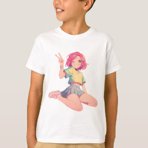 Anime-Friedenszeichen – Süße Anime-Mädchen mit ros T-Shirt