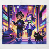 Anime Gaming Couple mit ihrer Katze | Alkoholflaschenetikett (Einzelnes Label)