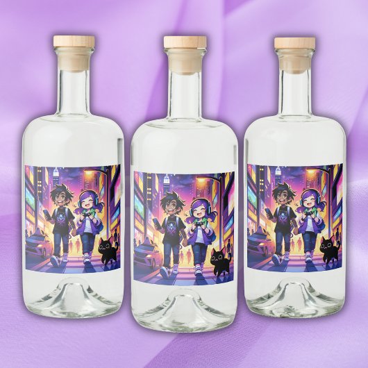 Anime Gaming Couple mit ihrer Katze | Alkoholflaschenetikett
