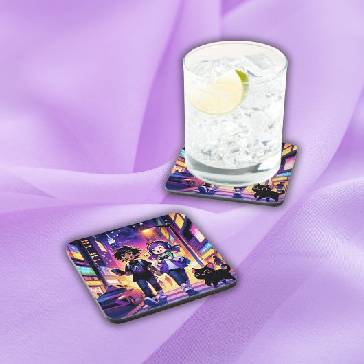 Anime Gaming Couple mit ihrer Katze | Getränkeuntersetzer