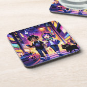 Anime Gaming Couple mit ihrer Katze | Getränkeuntersetzer (Linke Seite)