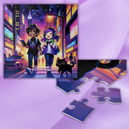 Anime Gaming Couple mit ihrer Katze | Puzzle