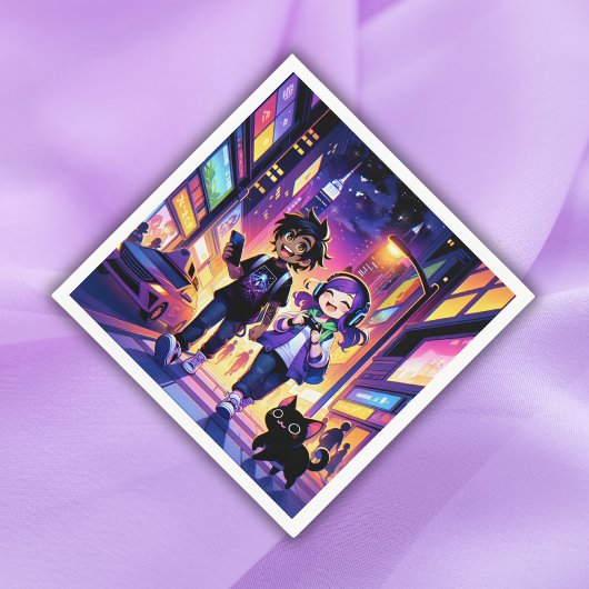 Anime Gaming Couple mit ihrer Katze | Serviette