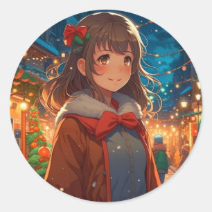 Anime Girl am Weihnachtsabend Runder Aufkleber