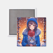 Anime Girl and a Kitten Winter Christmas Magnet (Vorderseite/Rückseite)