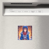Anime Girl and a Kitten Winter Christmas Magnet (In Situ (Geschirrspüler))