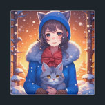 Anime Girl and a Kitten Winter Christmas Magnet<br><div class="desc">Niedliches Anime-Girl mit einem grauen Kätzchen und einem schneebedeckten Weihnachtsmagneten.</div>