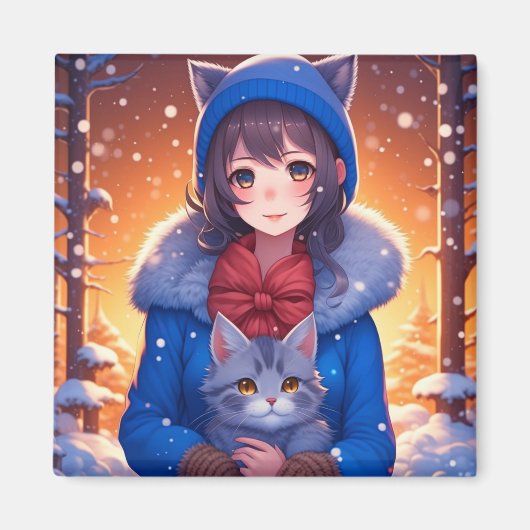 Anime Girl and a Kitten Winter Christmas Magnet (Vorne)