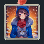 Anime Girl and a Kitten Winter Christmas Ornament Aus Metall<br><div class="desc">Niedliches Anime-Girl mit grauem Kätzchen und schneebedecktem Weihnachtsgeschmack.</div>