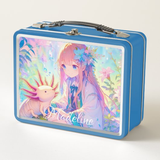 Anime Girl and Axolotl Personalized Metall Brotdose (Vorderseite)