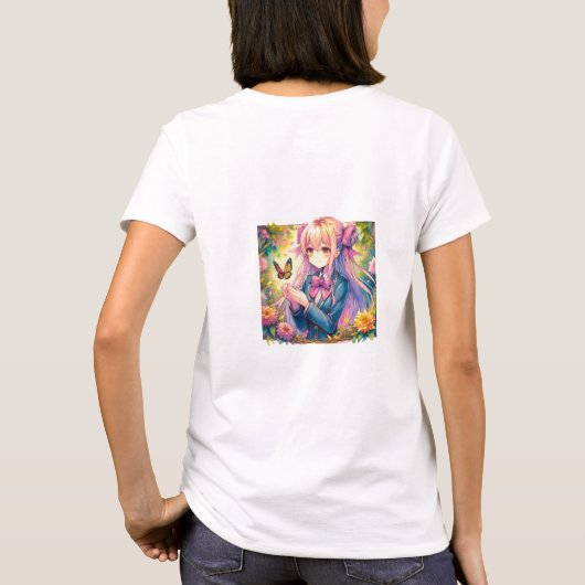 Anime Girl and Butterfly Wassercolor T-Shirt (Rückseite)
